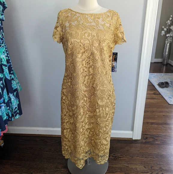 NEW Womens Nischelle Gold Lace Shift Dress 16 Style 2665 - Picture 2 of 4